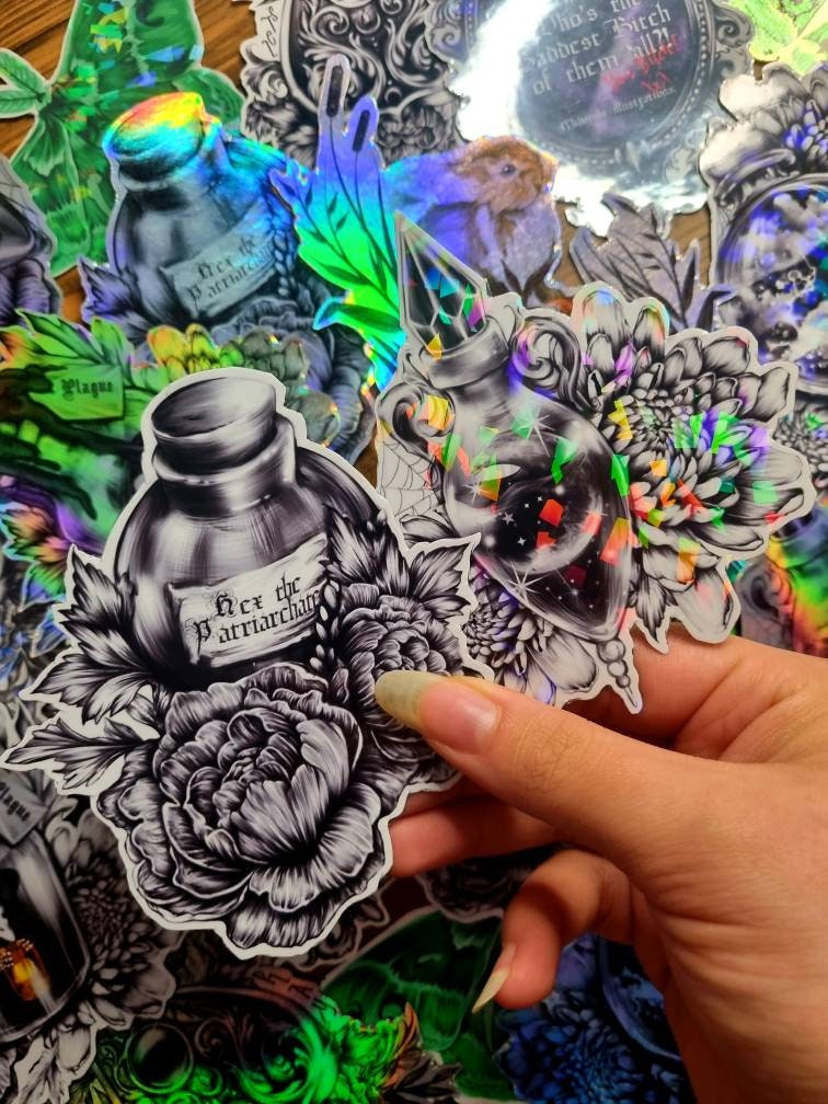 Magical, witchy, potion bottles, hex the patriarchy, storms, moon, heart, plauge, cute, cartoon, art, illustrated gloss,holographic, magnet