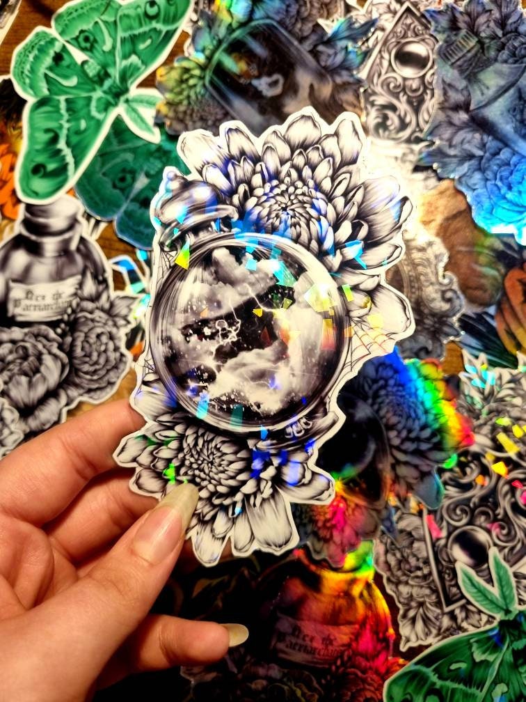 Magical, witchy, potion bottles, hex the patriarchy, storms, moon, heart, plauge, cute, cartoon, art, illustrated gloss,holographic, magnet