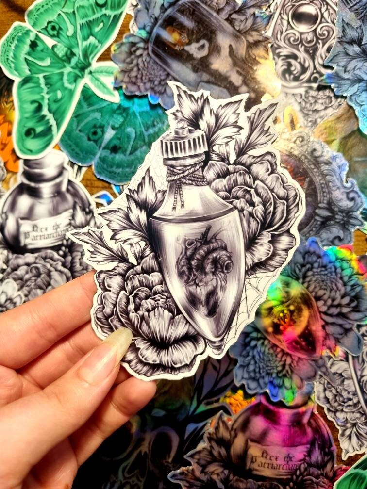 Magical, witchy, potion bottles, hex the patriarchy, storms, moon, heart, plauge, cute, cartoon, art, illustrated gloss,holographic, magnet