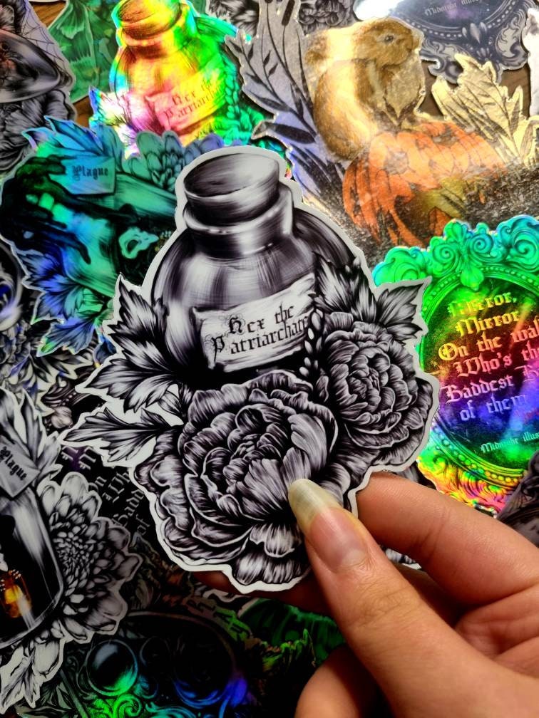 Magical, witchy, potion bottles, hex the patriarchy, storms, moon, heart, plauge, cute, cartoon, art, illustrated gloss,holographic, magnet