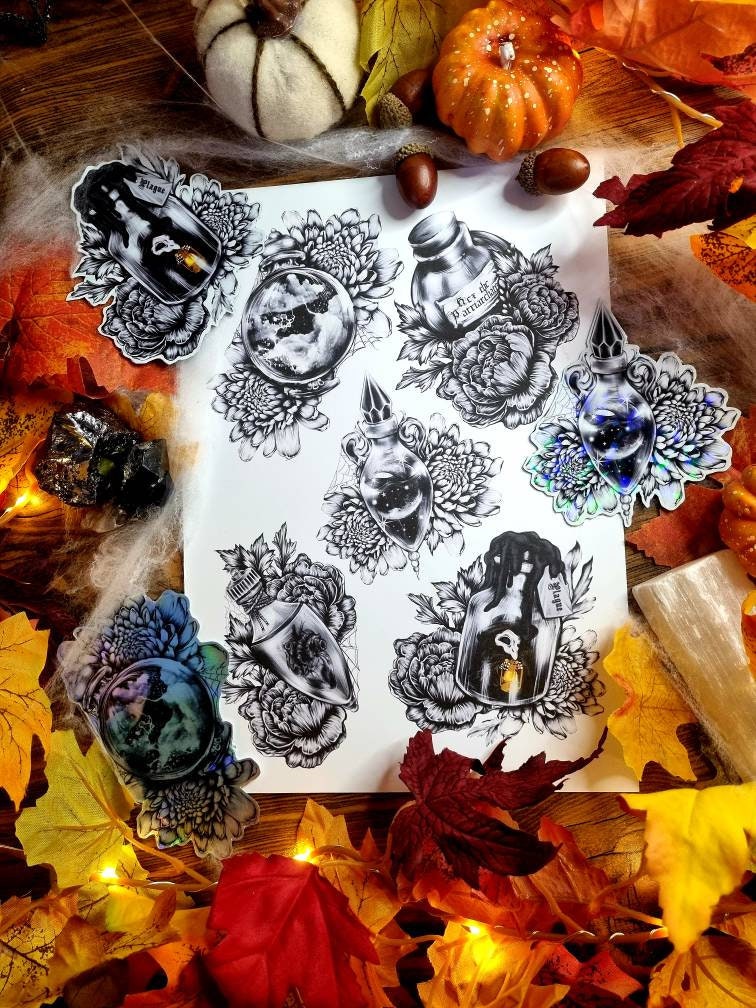 Magical, witchy, potion bottles, hex the patriarchy, storms, moon, heart, plauge, cute, cartoon, art, illustrated gloss,holographic, magnet
