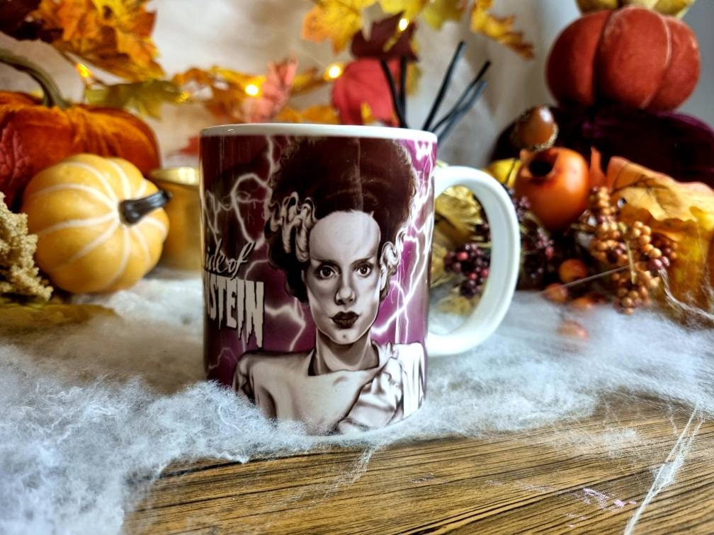 Bride of Frankenstein one of a kind unique illustrated art design handmade, handpressed mug, tea cup. Mug horror halloween spooky vintage