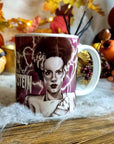 Bride of Frankenstein one of a kind unique illustrated art design handmade, handpressed mug, tea cup. Mug horror halloween spooky vintage