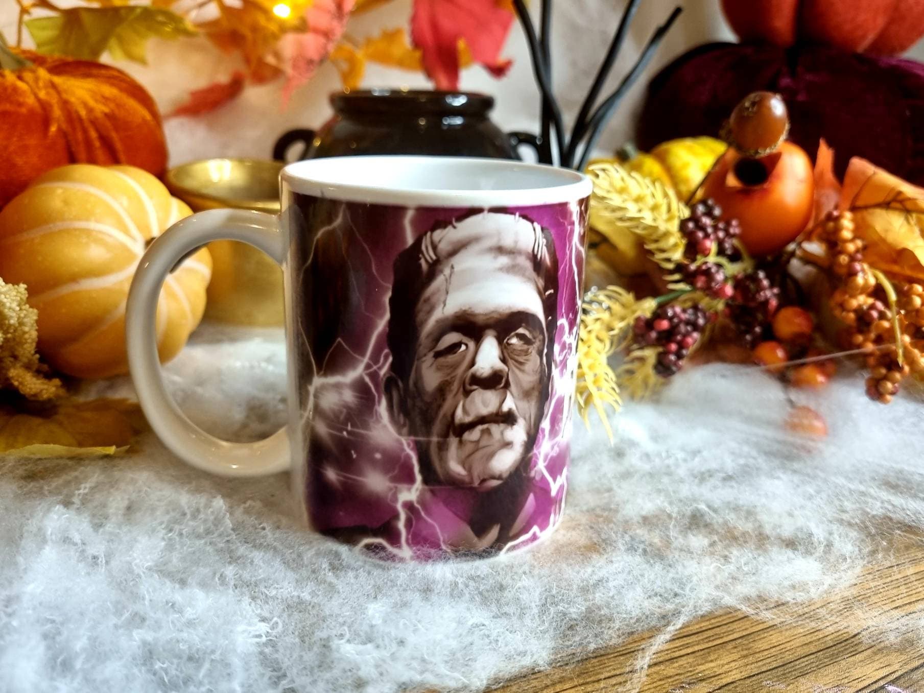 Bride of Frankenstein one of a kind unique illustrated art design handmade, handpressed mug, tea cup. Mug horror halloween spooky vintage