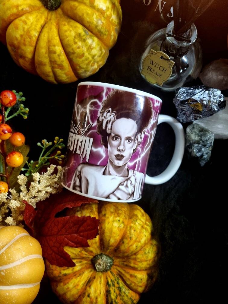 Bride of Frankenstein one of a kind unique illustrated art design handmade, handpressed mug, tea cup. Mug horror halloween spooky vintage
