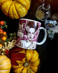 Bride of Frankenstein one of a kind unique illustrated art design handmade, handpressed mug, tea cup. Mug horror halloween spooky vintage