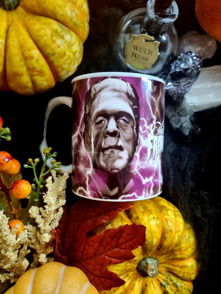 Bride of Frankenstein one of a kind unique illustrated art design handmade, handpressed mug, tea cup. Mug horror halloween spooky vintage