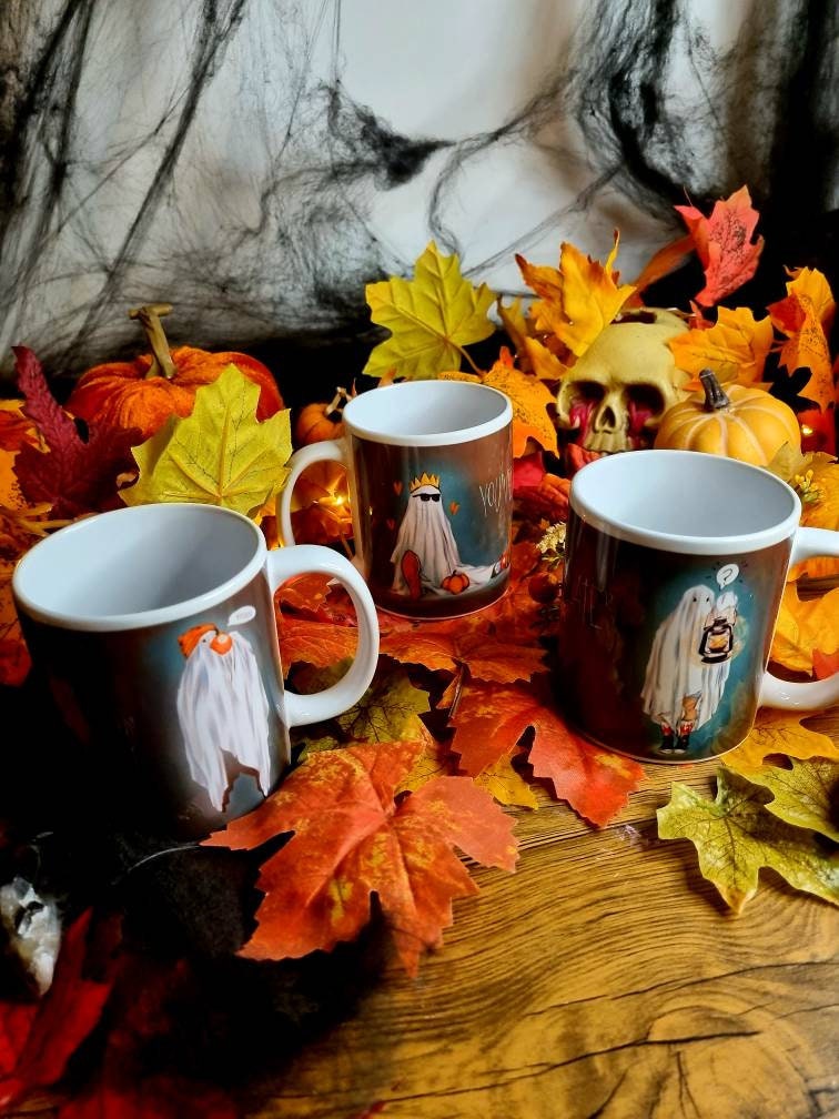 Bedsheet ghosts, ghosts, Halloween, spooky ghosts illustration art funny mugs, cup horror, punny ghost. I'm here for the boos. Ghosted.