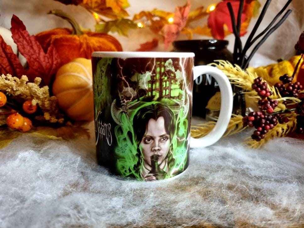 Wednesday Adams, Adams family, horror, spooky, Halloween, one of a kind illustration art design mug. Perfect gothic gift tea cup