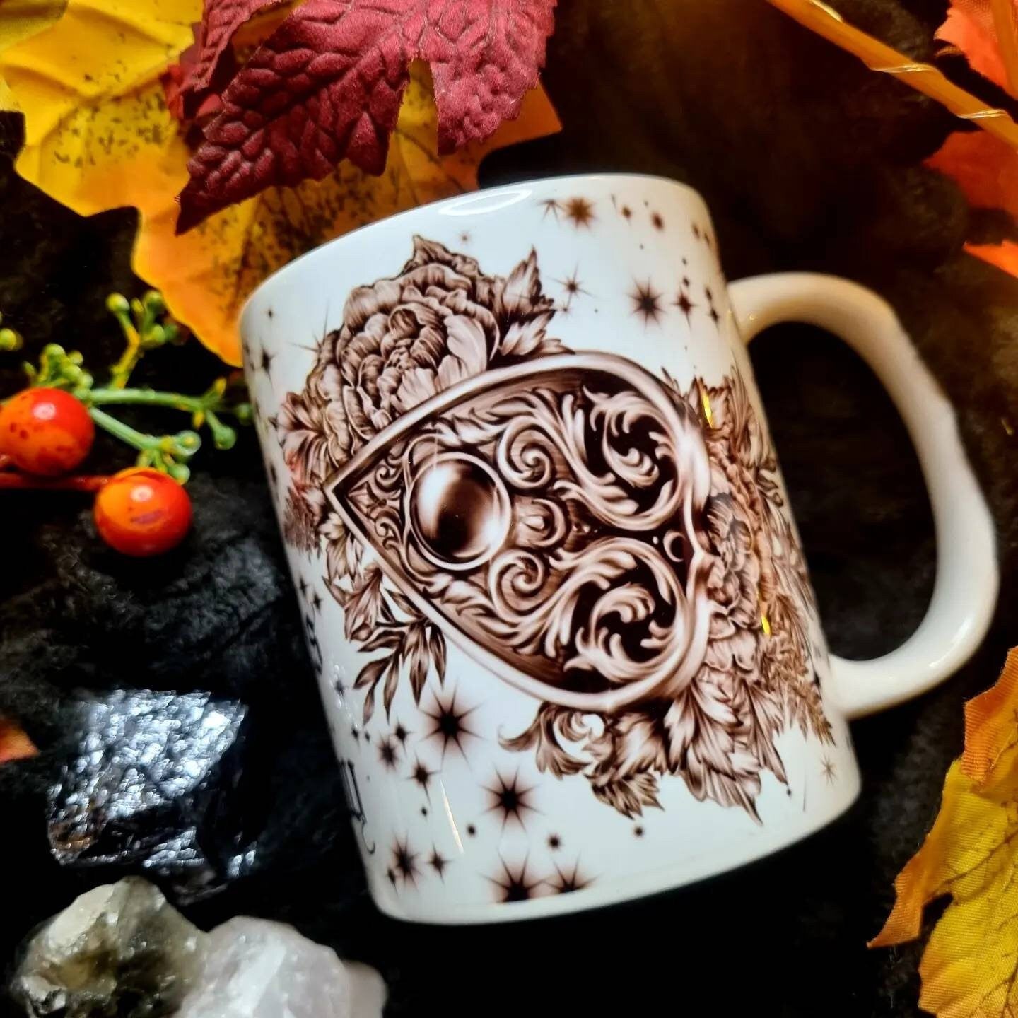 Ouiji plancheet, ouijia, ghothic, illustration ,ghost, art one of a kind, fun, spooky halloween, tea cup, mug, hand pressed
