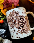 Ouiji plancheet, ouijia, ghothic, illustration ,ghost, art one of a kind, fun, spooky halloween, tea cup, mug, hand pressed