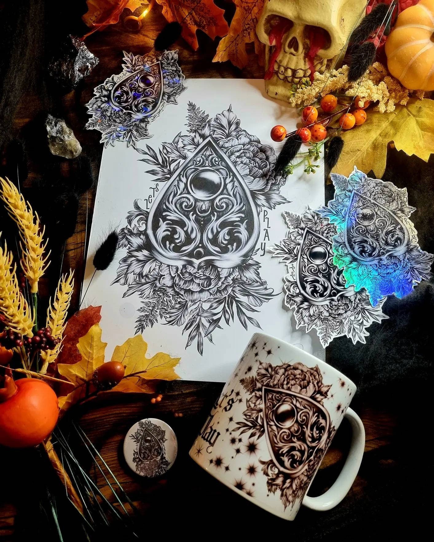 Ouiji plancheet, ouijia, ghothic, illustration ,ghost, art one of a kind, fun, spooky halloween, tea cup, mug, hand pressed