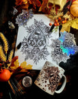 Ouiji plancheet, ouijia, ghothic, illustration ,ghost, art one of a kind, fun, spooky halloween, tea cup, mug, hand pressed