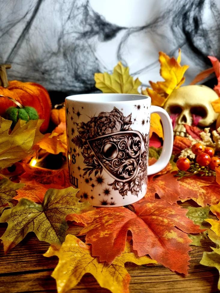 Ouiji plancheet, ouijia, ghothic, illustration ,ghost, art one of a kind, fun, spooky halloween, tea cup, mug, hand pressed