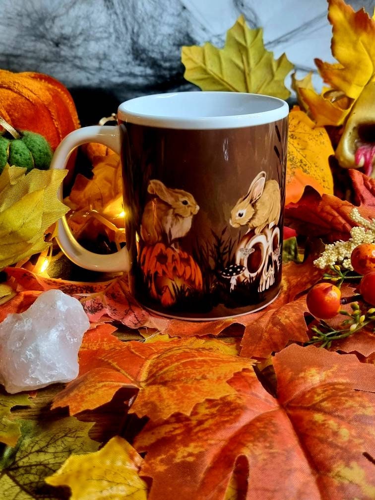 Unique, spooky rabbit halloween pumpkin and skulls design illustration mug ,ceramic cup hand pressed one of a kind creep cute art sketch