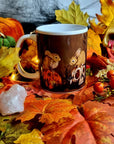 Unique, spooky rabbit halloween pumpkin and skulls design illustration mug ,ceramic cup hand pressed one of a kind creep cute art sketch