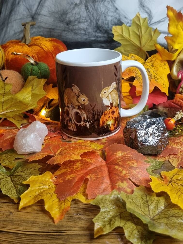 Unique, spooky rabbit halloween pumpkin and skulls design illustration mug ,ceramic cup hand pressed one of a kind creep cute art sketch