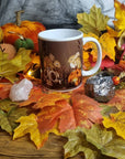 Unique, spooky rabbit halloween pumpkin and skulls design illustration mug ,ceramic cup hand pressed one of a kind creep cute art sketch