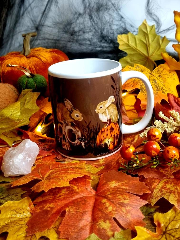 Unique, spooky rabbit halloween pumpkin and skulls design illustration mug ,ceramic cup hand pressed one of a kind creep cute art sketch