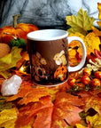 Unique, spooky rabbit halloween pumpkin and skulls design illustration mug ,ceramic cup hand pressed one of a kind creep cute art sketch