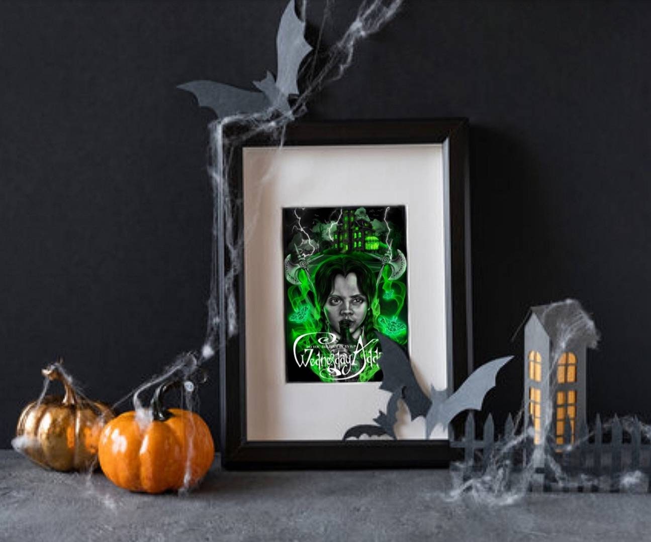 Dramatic, gothic horror halloween one of a kind unique ecofriendly, acid free, Wednesday Adams, illustrstion,art print, wall art home decor