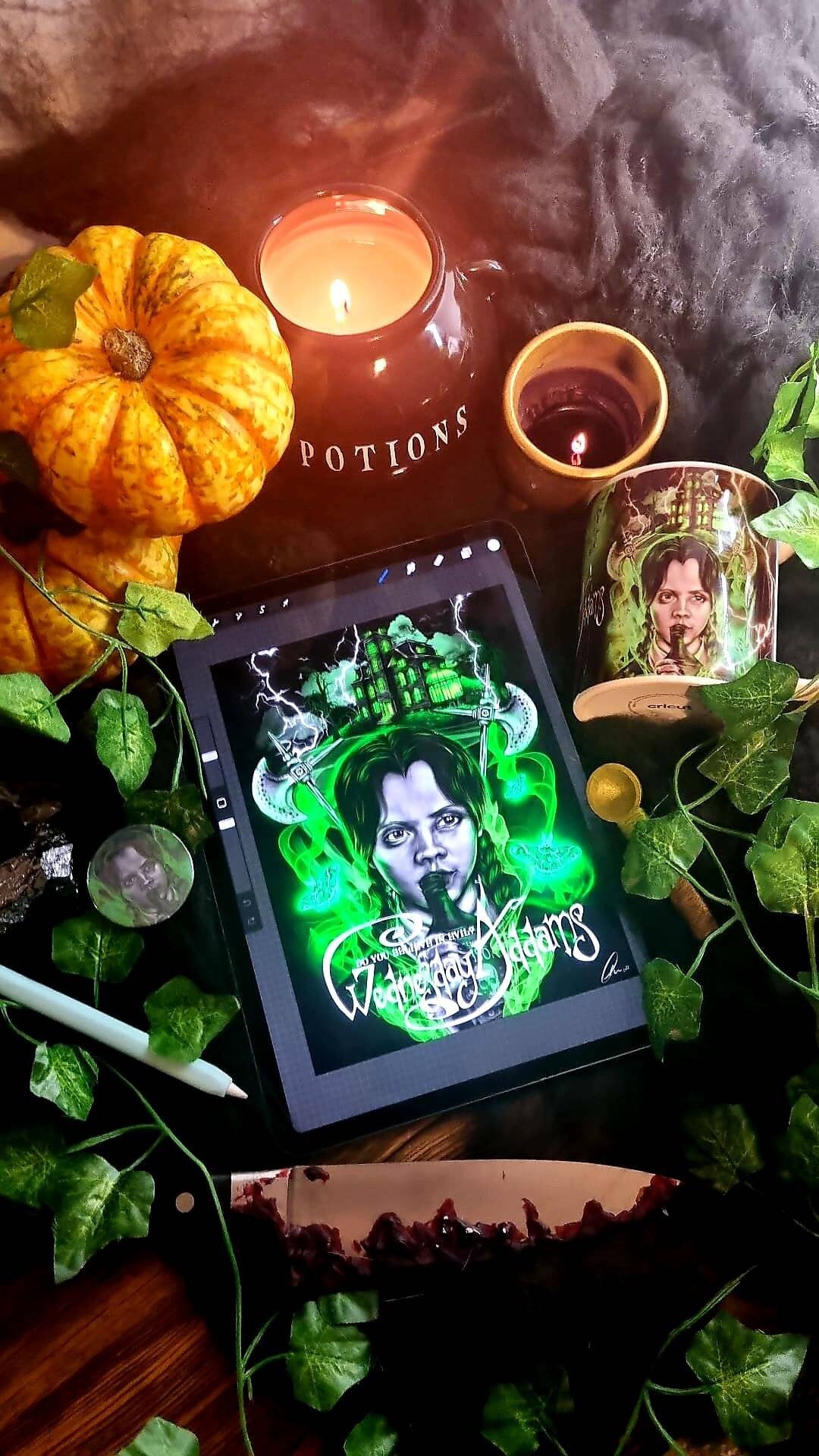 Dramatic, gothic horror halloween one of a kind unique ecofriendly, acid free, Wednesday Adams, illustrstion,art print, wall art home decor