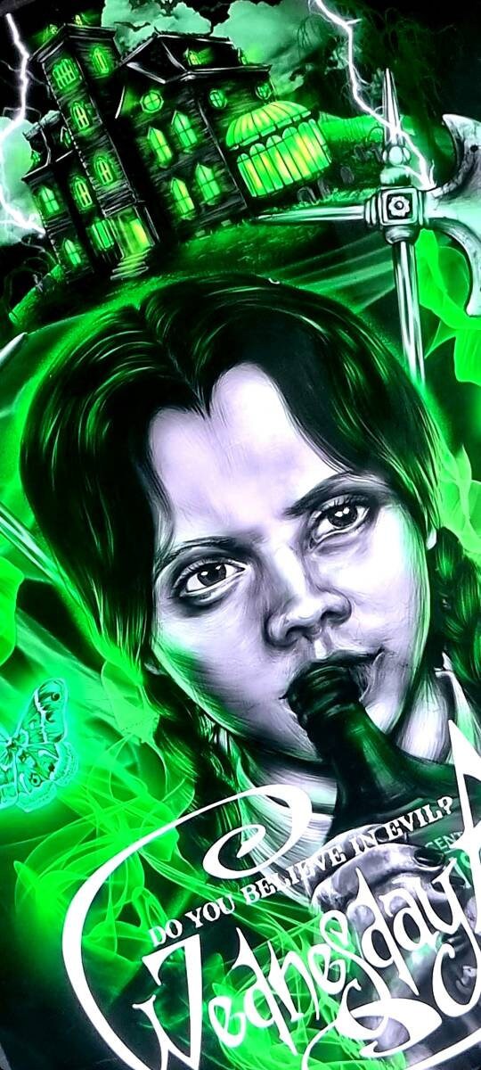 Dramatic, gothic horror halloween one of a kind unique ecofriendly, acid free, Wednesday Adams, illustrstion,art print, wall art home decor