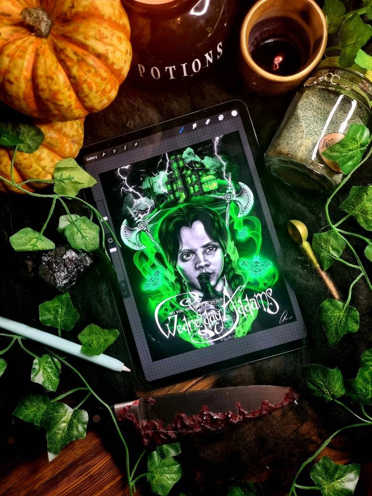 Dramatic, gothic horror halloween one of a kind unique ecofriendly, acid free, Wednesday Adams, illustrstion,art print, wall art home decor