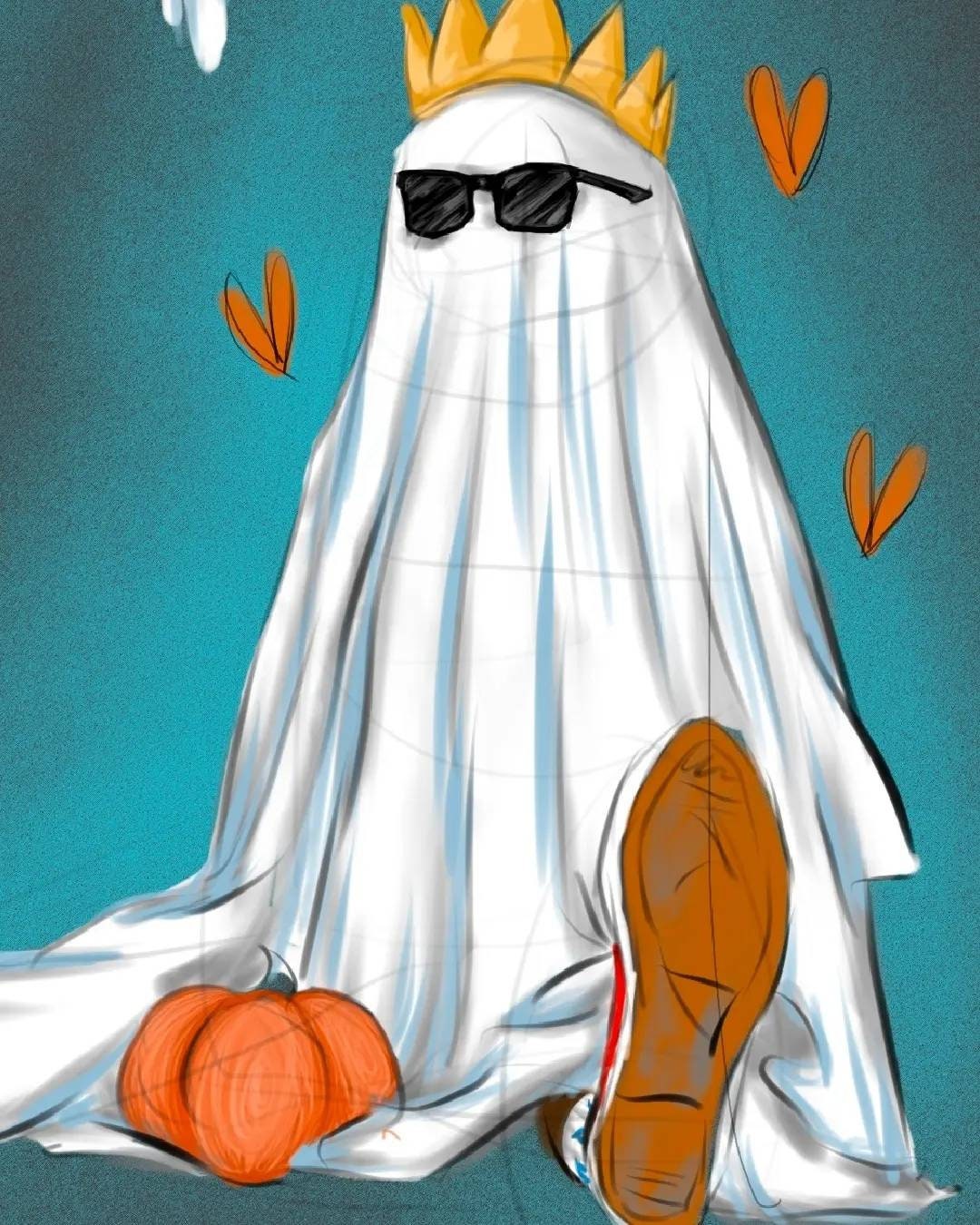 Halloween, sad ghost, bedsheet ghost, cute, illustration, full colour artprints & ecofriendly, waterproof glossy artist sticker, magnets.