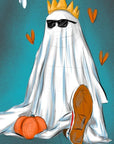 Halloween, sad ghost, bedsheet ghost, cute, illustration, full colour artprints & ecofriendly, waterproof glossy artist sticker, magnets.