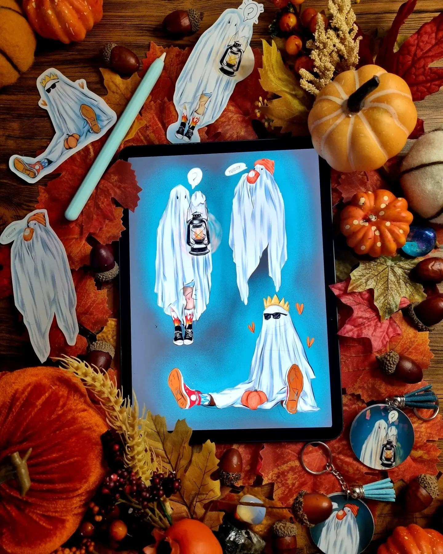 Halloween, sad ghost, bedsheet ghost, cute, illustration, full colour artprints & ecofriendly, waterproof glossy artist sticker, magnets.