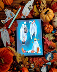 Halloween, sad ghost, bedsheet ghost, cute, illustration, full colour artprints & ecofriendly, waterproof glossy artist sticker, magnets.