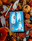 Halloween, sad ghost, bedsheet ghost, cute, illustration, full colour artprints & ecofriendly, waterproof glossy artist sticker, magnets.