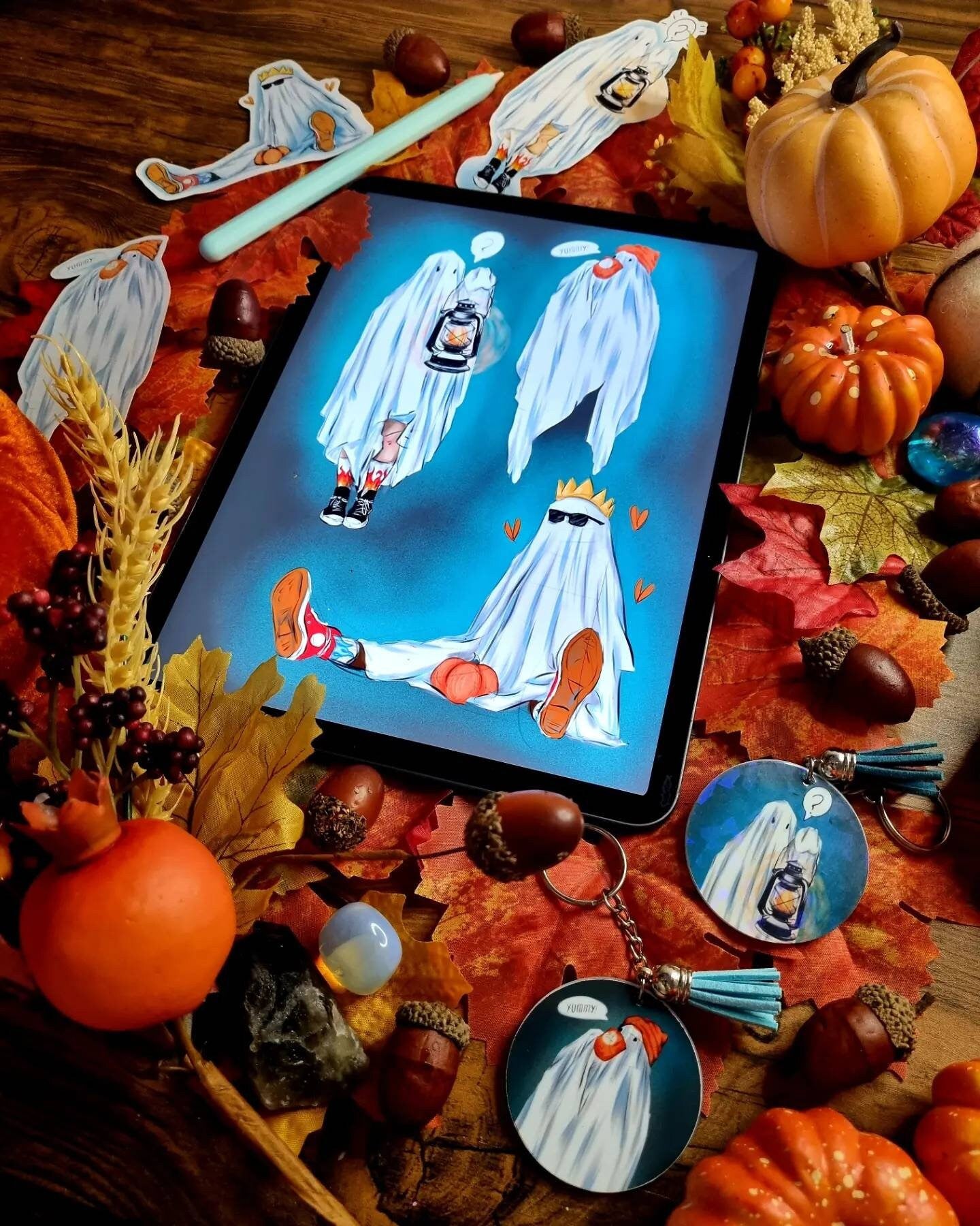 Halloween, sad ghost, bedsheet ghost, cute, illustration, full colour artprints & ecofriendly, waterproof glossy artist sticker, magnets.