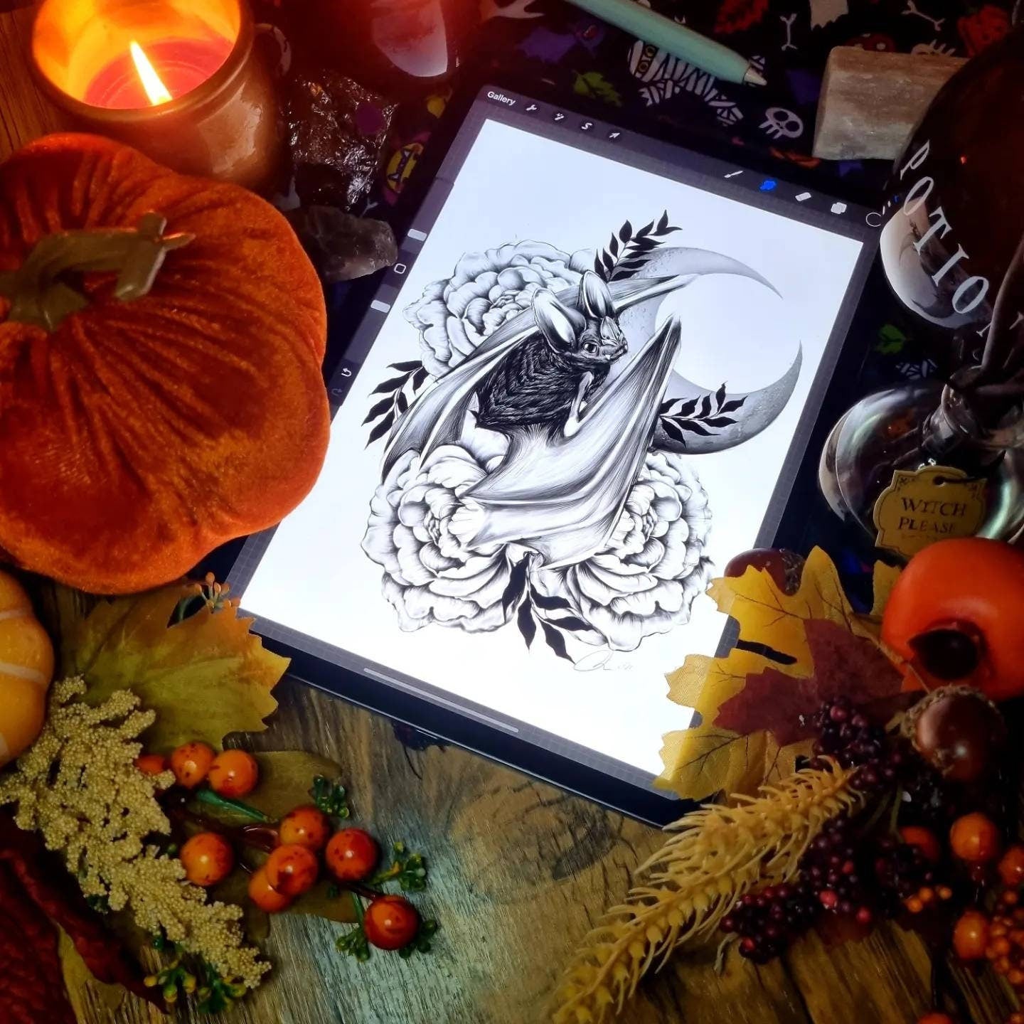 Bat Halloween horror spooky fall tattoo black and white art illustration gallery print