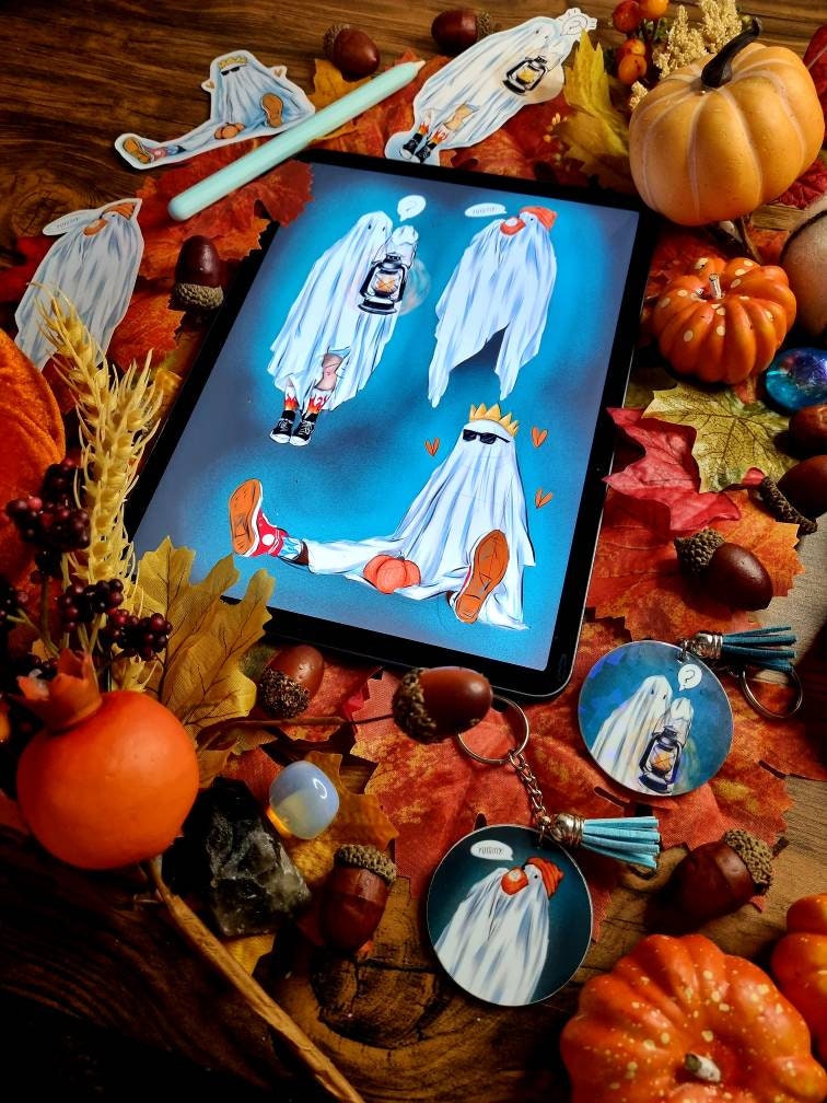 Sad bedsheet Ghost illustration Halloween spooky art gallery print.