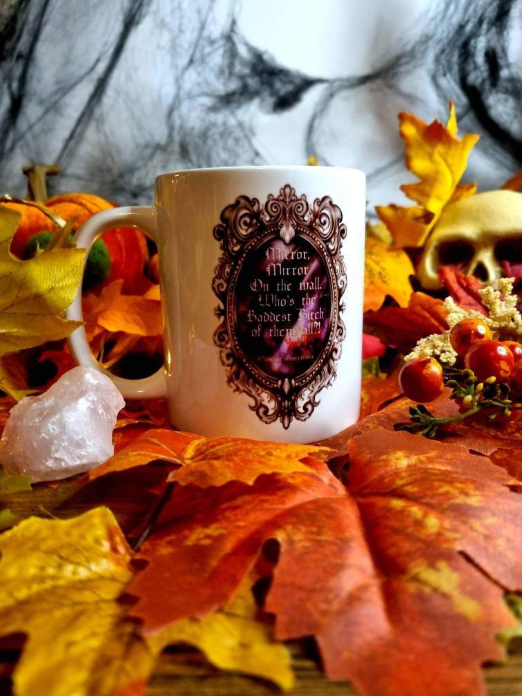 Alternative, gothic, pride, empowerment snow White, mirror mirror on the wall unique one of a kind hand pressed illustration art ceramic mug
