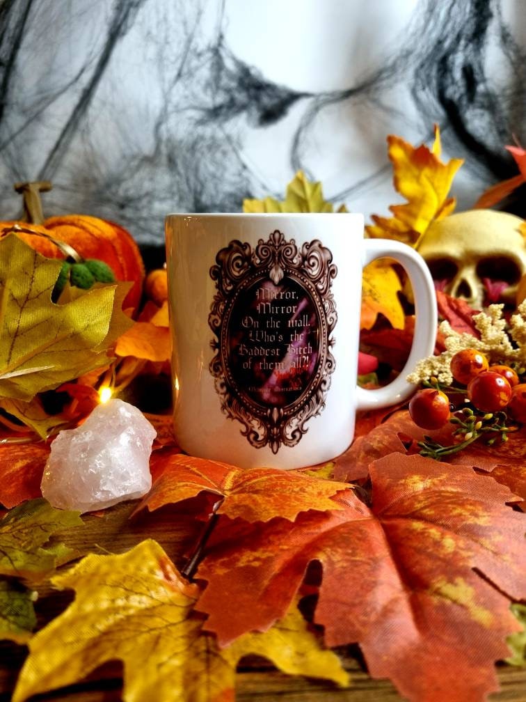 Alternative, gothic, pride, empowerment snow White, mirror mirror on the wall unique one of a kind hand pressed illustration art ceramic mug