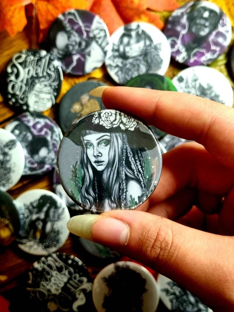 Cute, horror, halloween,witch, unique, handmade art artist illustration ecofriendly backpack jacket button pin badge perfect for gift 45mm