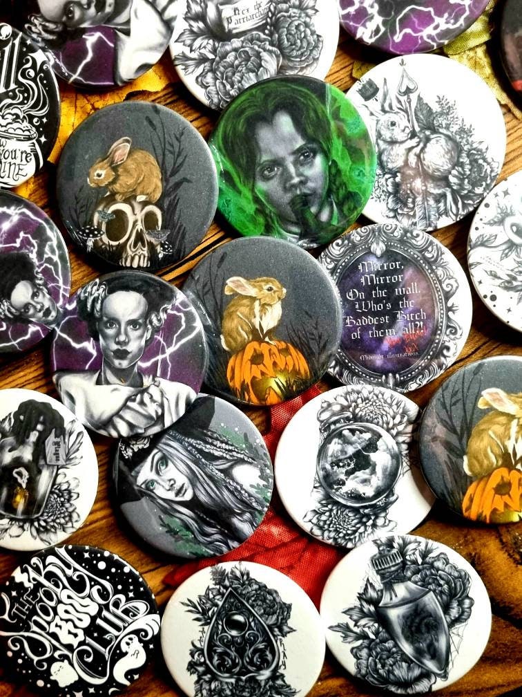 Cute, horror, halloween,witch, unique, handmade art artist illustration ecofriendly backpack jacket button pin badge perfect for gift 45mm