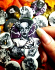 Cute, horror, halloween,witch, unique, handmade art artist illustration ecofriendly backpack jacket button pin badge perfect for gift 45mm