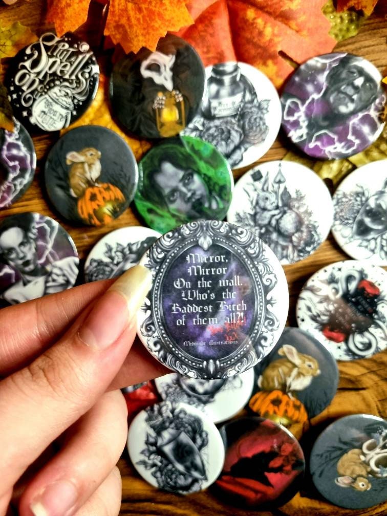Cute, horror, halloween,witch, unique, handmade art artist illustration ecofriendly backpack jacket button pin badge perfect for gift 45mm