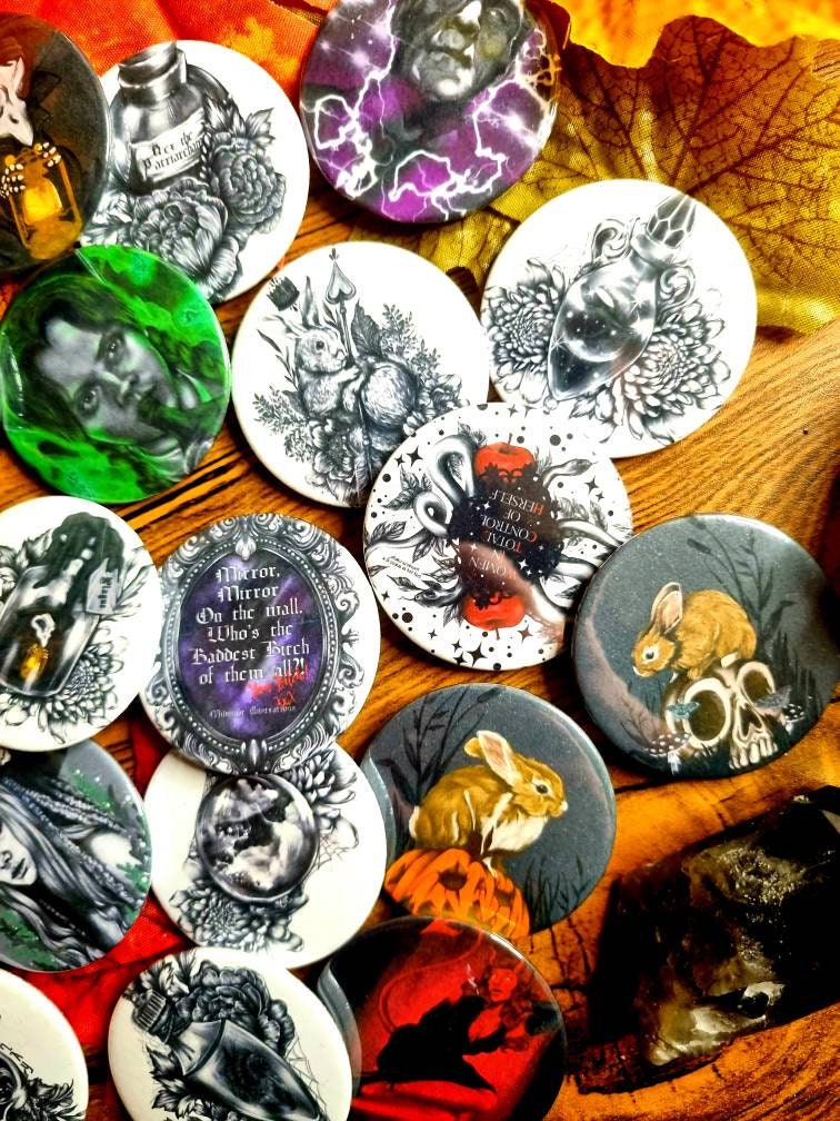 Cute, horror, halloween,witch, unique, handmade art artist illustration ecofriendly backpack jacket button pin badge perfect for gift 45mm