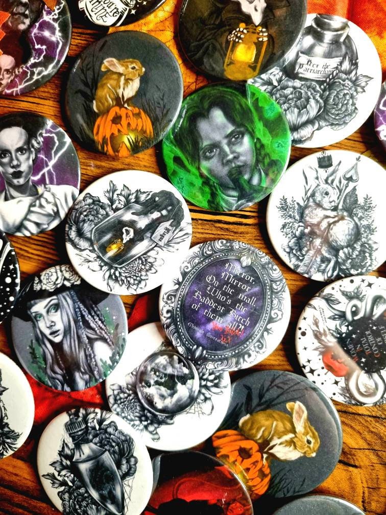 Cute, horror, halloween,witch, unique, handmade art artist illustration ecofriendly backpack jacket button pin badge perfect for gift 45mm