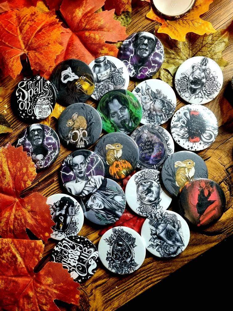 Cute, horror, halloween,witch, unique, handmade art artist illustration ecofriendly backpack jacket button pin badge perfect for gift 45mm