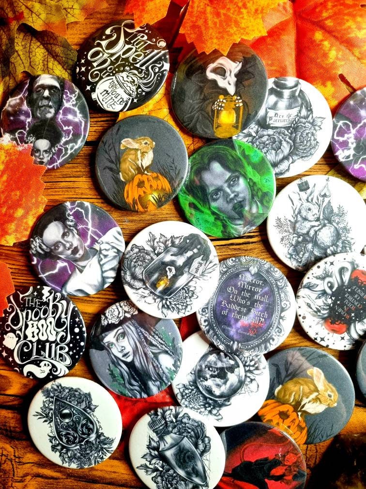Cute, horror, halloween,witch, unique, handmade art artist illustration ecofriendly backpack jacket button pin badge perfect for gift 45mm