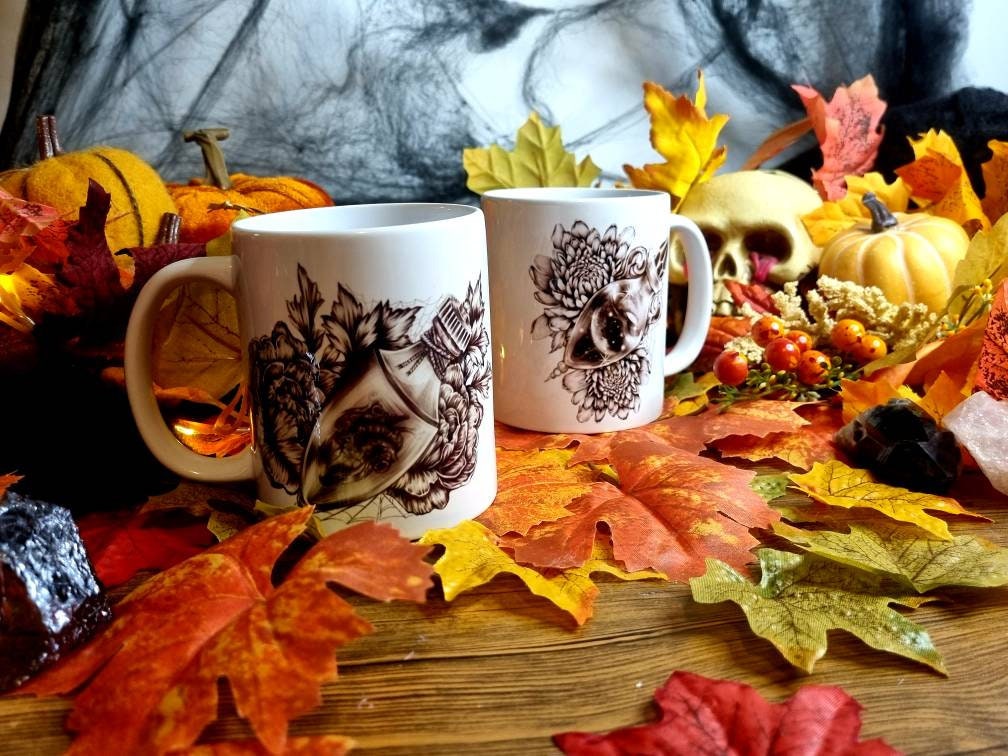 Halloween, spooky, magic, position bottle, witch, eco-friendly handmade ceramic mug with 100% unique illustrated art design