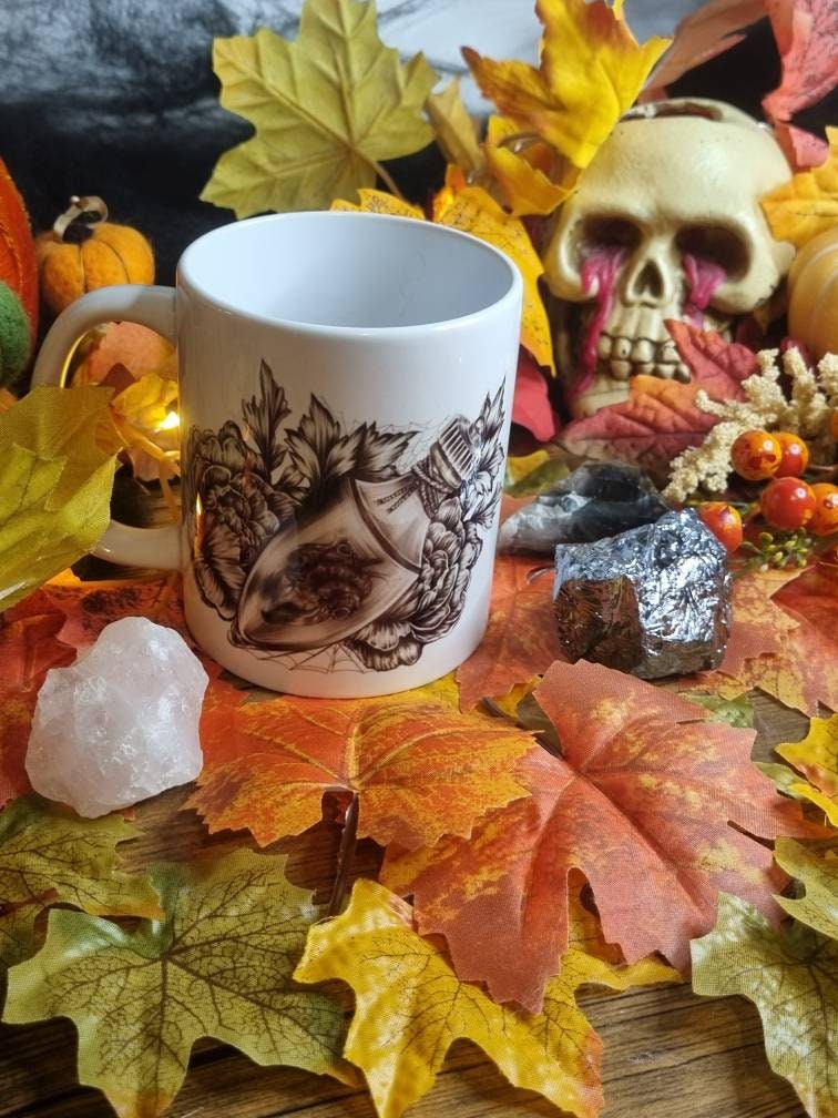 Halloween, spooky, magic, position bottle, witch, eco-friendly handmade ceramic mug with 100% unique illustrated art design