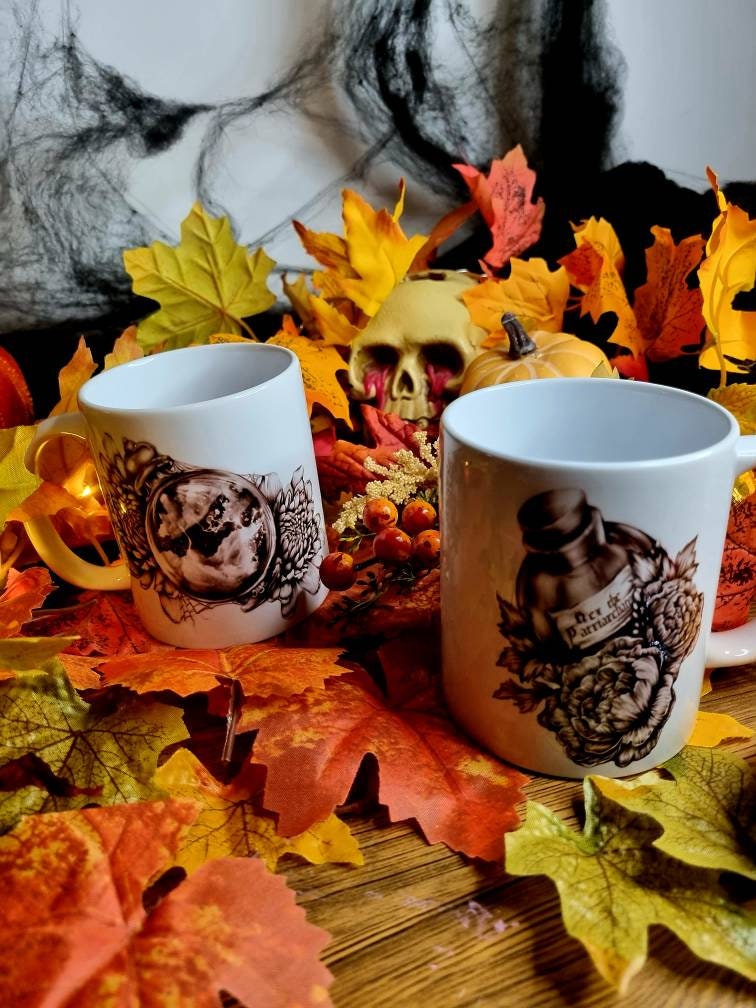 Halloween, spooky, magic, position bottle, witch, eco-friendly handmade ceramic mug with 100% unique illustrated art design