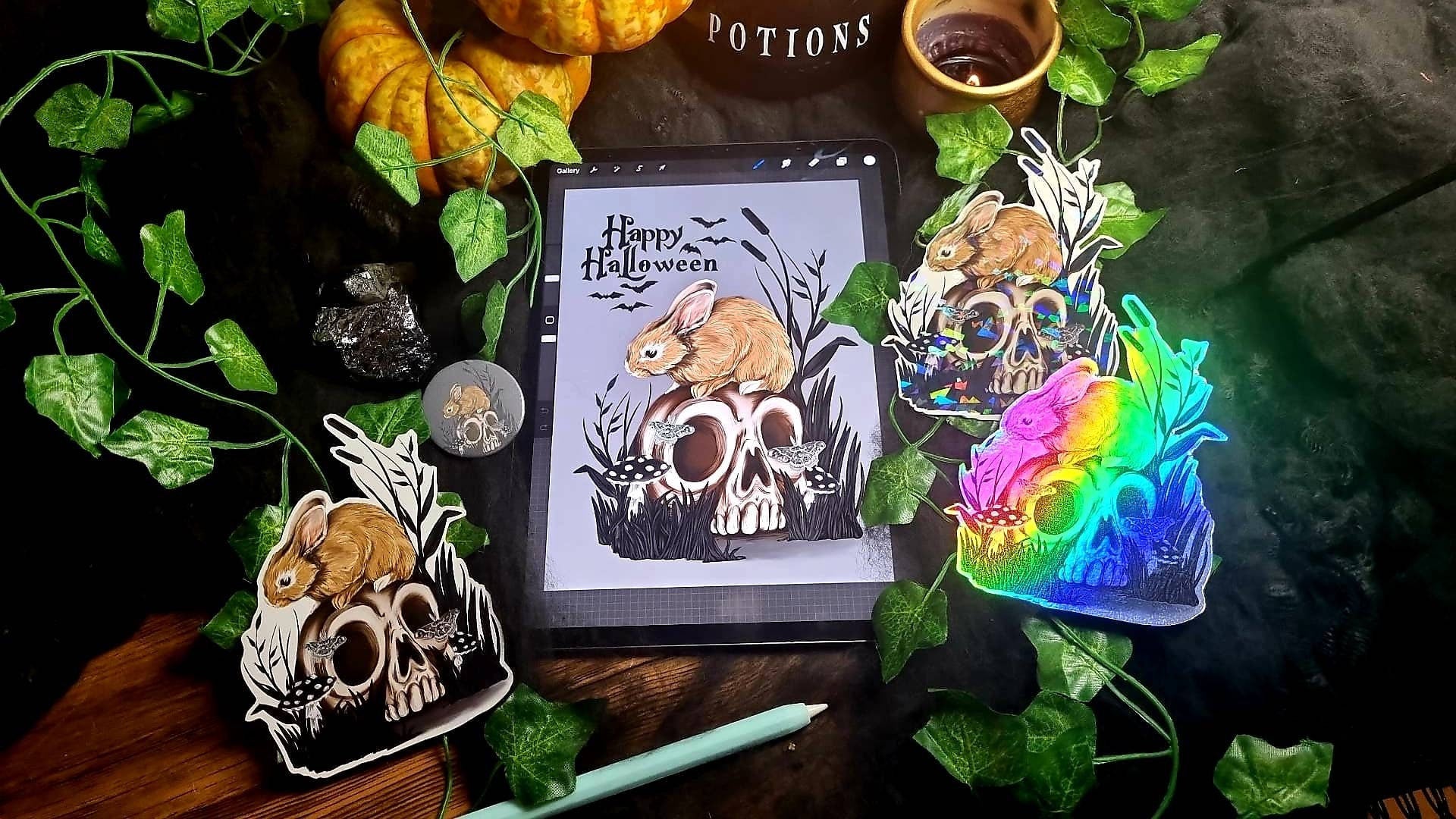 Halloween, spooky, rabbit fun, cool, one of a kind, unusual, illustration refrigerator magnets With gloss, holographic or shiney options